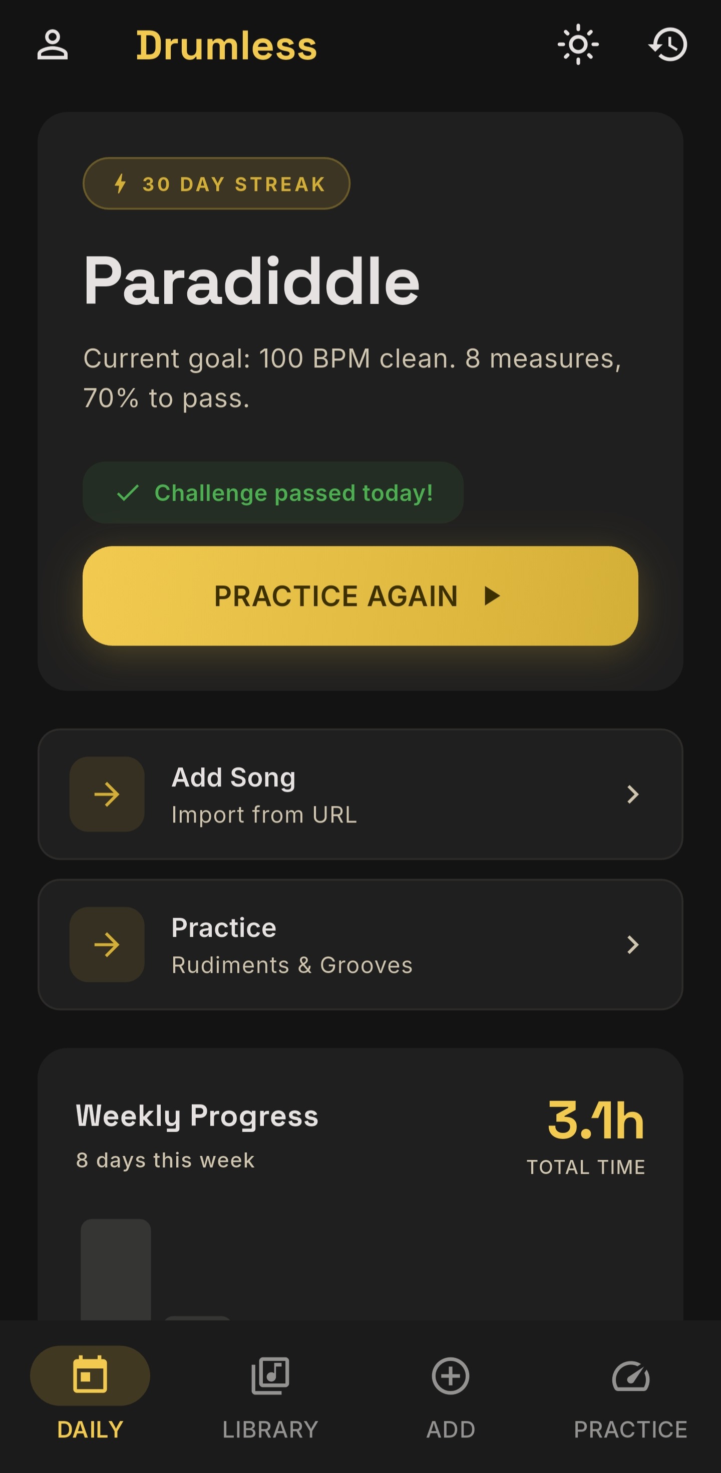 Drumless daily practice screen