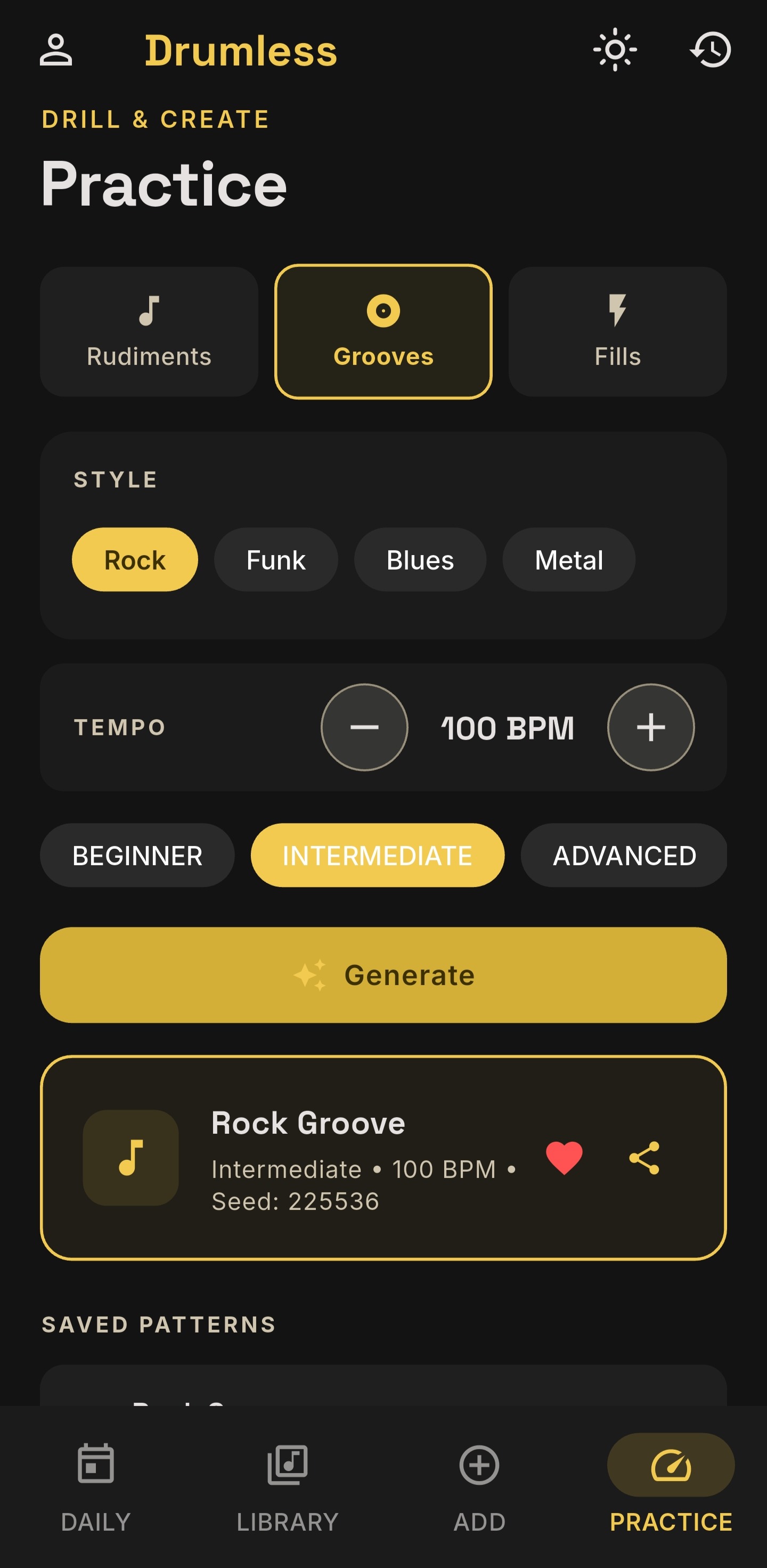 Drumless groove generator screen